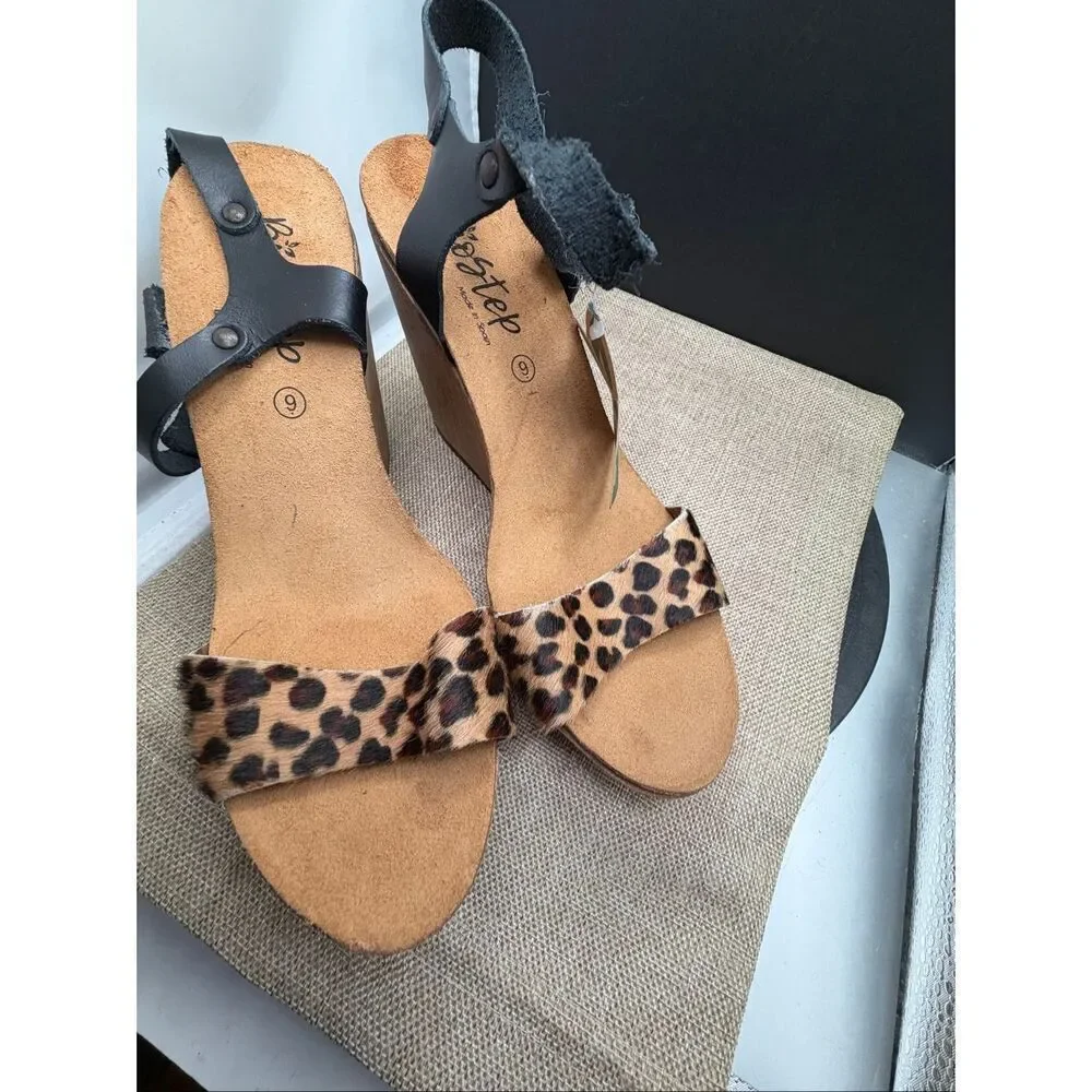 BioStep Wedges Leopard Print Pony Hair with Black Leather Strap Size 6